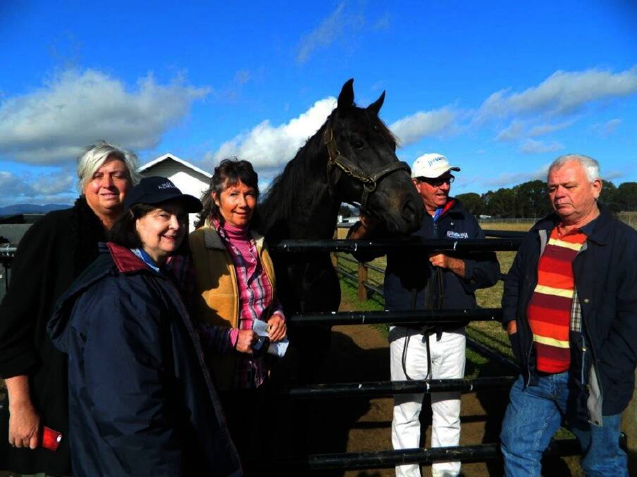 Arlington held by Nick Posa with Australian Thoroughbred Breeders Club tour members Colleen Goth from Goulburn, Lyn Colmer, Bellingen, and Anne Sullivan,  Sydney (front).