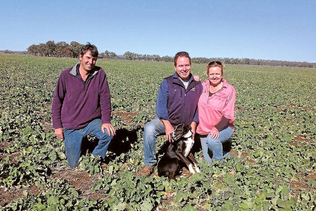 Planting contractor Andrew Morris with John and Sarah Thompson, “Lindale”, Mt Russell via Inverell, and their dog Socks in the canola crop.