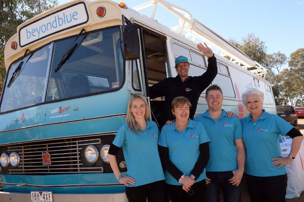 Beyond Blue's Big Blue Bus crew Katrina Smith, Campaign Adviser, Marie-Anne Schull, Older Adults Project Manager, Sam Walker, Events and Volunteer Manager, Maggie McBain, Office manager and Driver Peter Kindermann.