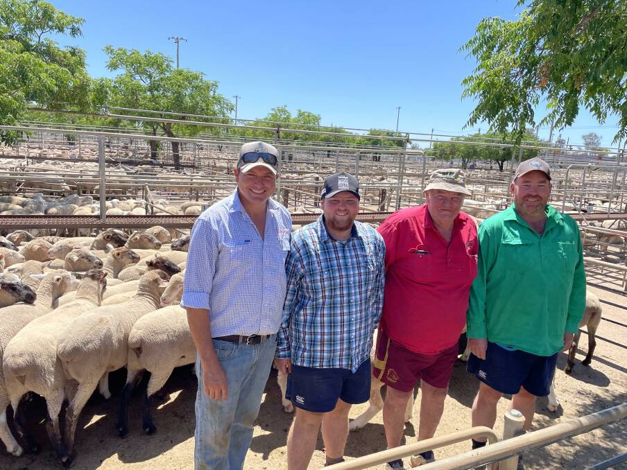Plasto and Company agent Aaron O'Leary with Thomas, John and Chris Haycock, Pine-villa, Yeoval, who sold heavy grain-fed second-cross lambs for $190.2 a head at Dubbo on Monday. Picture by Karen Bailey.